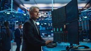 Financial analyst using a desktop computer with a multi-monitor workstation Financial analyst using a desktop computer with a multi-monitor workstation