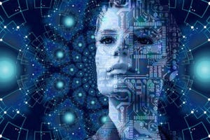 Blue circuit board as a layer over an AI face