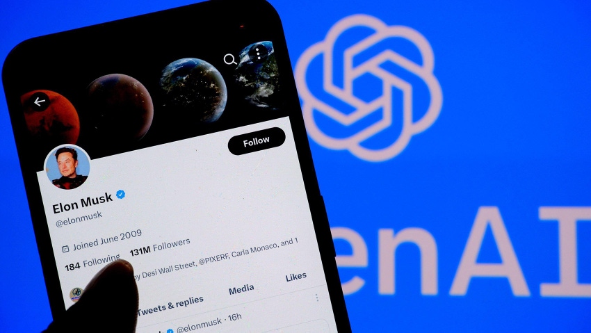 a Twitter account of Elon Musk is displayed on a smartphone with an OpenAI logo in the background.