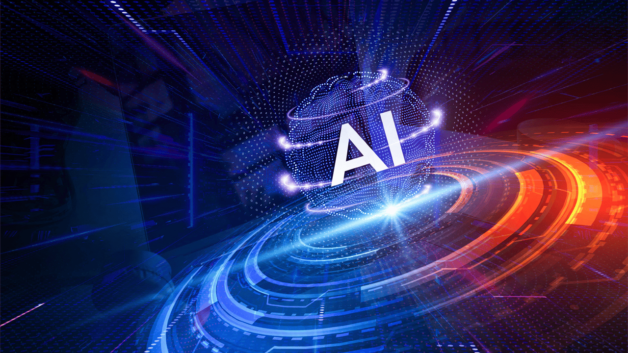 The word 'AI' appears over a circle, meant to appear like a rotating blue ball. The word 'AI' appears over a circle, meant to appear like a rotating blue ball.