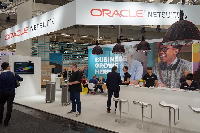 Oracle and NetSuite employees at their booth at CeBIT 2018 in Hannover, Germany.