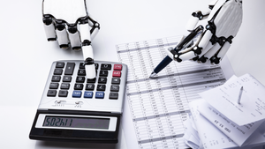 A robot examines a financial report A robot examines a financial report