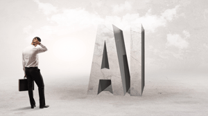 A businessman stands in front of the letters 'AI.' A businessman stands in front of the letters 'AI.'