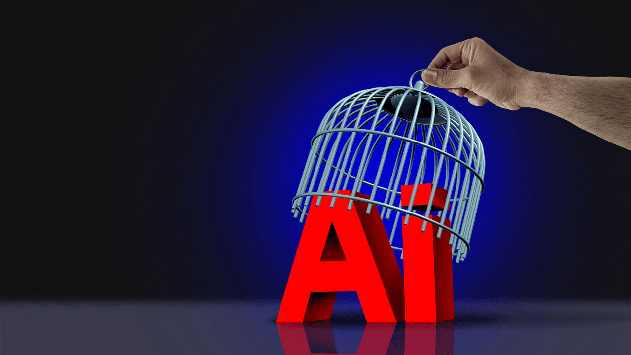 'AI' is pictured in red, with a cage lifted off the word by a hand. 'AI' is pictured in red, with a cage lifted off the word by a hand.