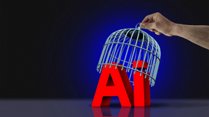 'AI' is pictured in red, with a cage lifted off the word by a hand. 'AI' is pictured in red, with a cage lifted off the word by a hand.