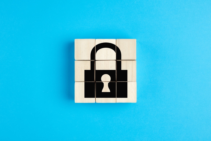 Lock icon on wooden cubes against a blue background.