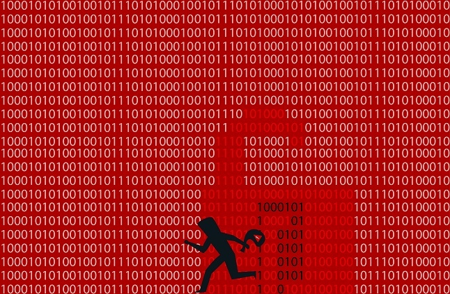 Data breach illustration, a thief running away with secure information illegally hacked from computer