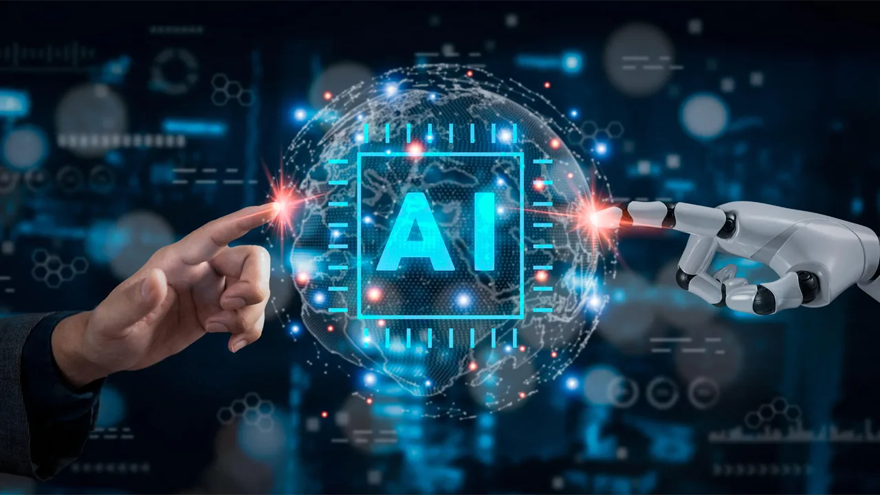 An IT executive's finger touches an image of a digital globe, while a robot finger touches the other side An IT executive's finger touches an image of a digital globe, while a robot finger touches the other side