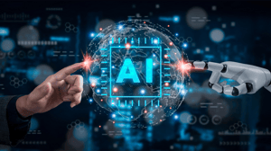 An IT executive's finger touches an image of a digital globe, while a robot finger touches the other side An IT executive's finger touches an image of a digital globe, while a robot finger touches the other side