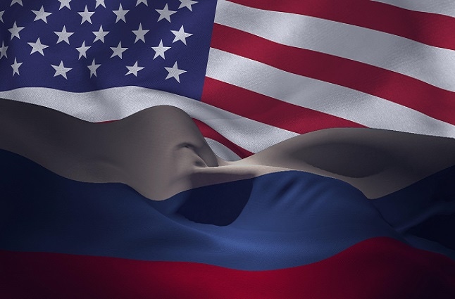 Composition of american and russian flags billowing together