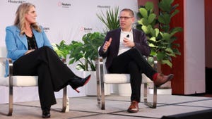 Tracey Franklin of Moderna listens to Ilario Corna of the International Olympic Committee at the Reuters Next leadership summit. Tracey Franklin of Moderna listens to Ilario Corna of the International Olympic Committee at the Reuters Next leadership summit.