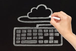 Hand drawing with chalk keyboard connected to cloud, cloud computing concept