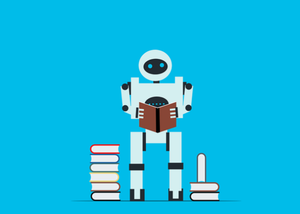 Robot reading books simulating AI and Machine Learning