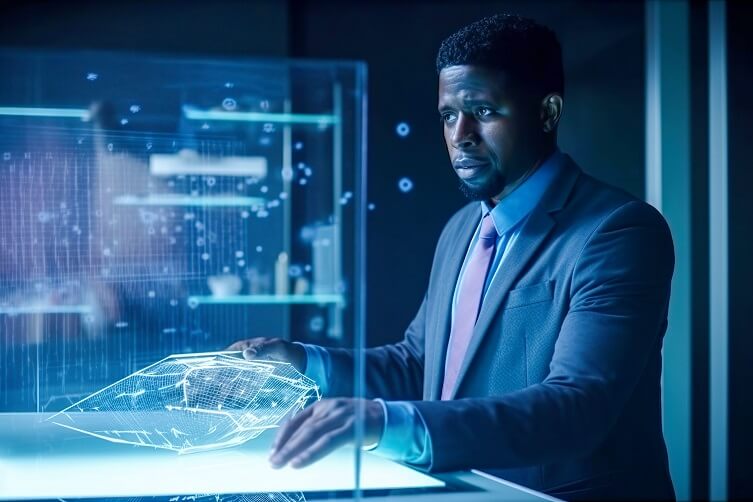 Man in business suit as part of the cyber workforce working at a holographic station.