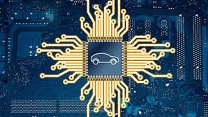 An illustration representing a computer circuit board and a car chip.