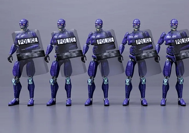 Futuristic robot police holding shields.