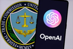OPENAI company logo seen on smartphone and FTC Federal Trade Commission logo on the background. 