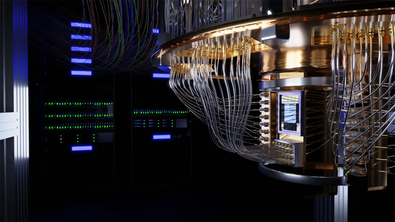 Lower portion of a quantum computer featuring the qubit chip Lower portion of a quantum computer featuring the qubit chip