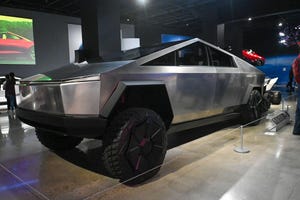 A Tesla Cybertruck sits on display at the Petersen Automotive Museum “Inside Tesla” exhibit on Tuesday, Dec. 13, 2022, in Los Angeles.