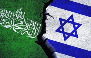Israel vs Hamas concept flags on a wall with a crack. Hamas and Israel political conflict, economy, war crisis, relationship, trade concept