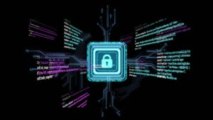 Cybersecurity lock icon over digital code and circuit board. Cybersecurity lock icon over digital code and circuit board.