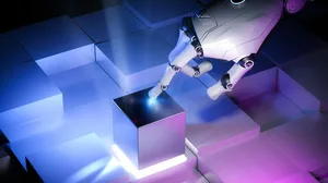 3D rendering cyborg hand push power button. 3D rendering cyborg hand push power button.