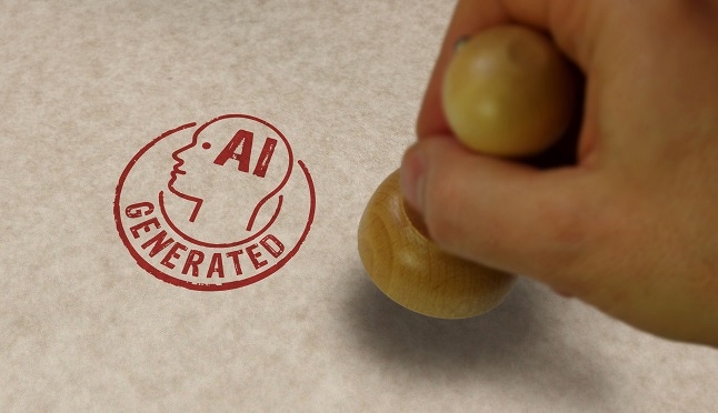 AI generated stamp and stamping hand. Artificial intelligence content and automation technology concept.