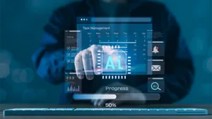 A person interacts with a digital illustration of AI being used on a project A person interacts with a digital illustration of AI being used on a project