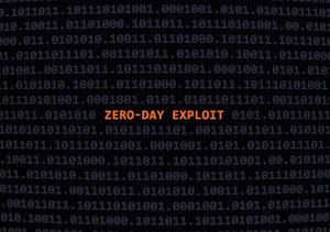 Cyber attack zero-day exploit. Vulnerability text in binary system ascii art style, code on editor screen.
