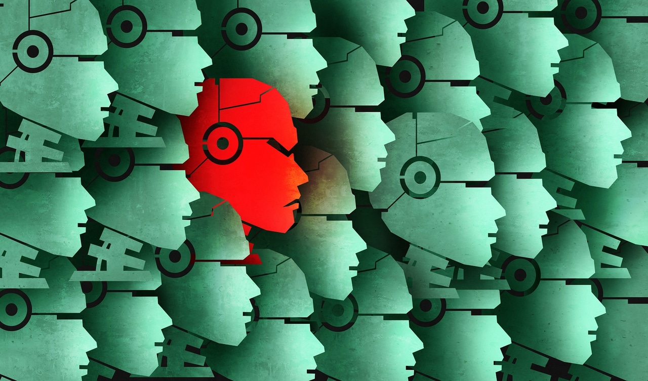 robot heads clustered with one red one that is frowning robot heads clustered with one red one that is frowning