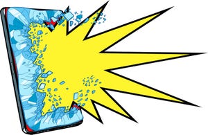 Pop art retro vector illustration drawing of smart phone shattering from explosion