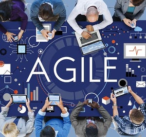 business people at a table with word Agile in the center