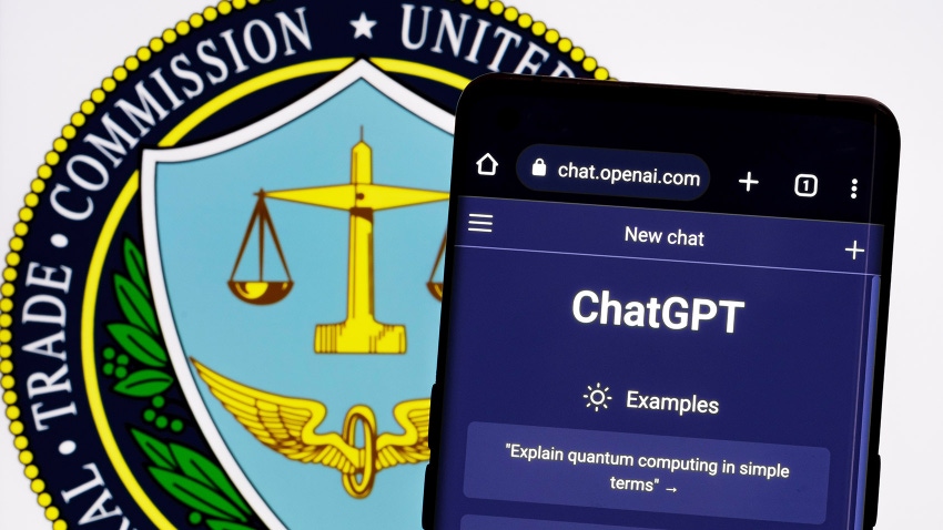ChatGPT authentic screen seen on smartphone and FTC Federal Trade Commission logo on the background.