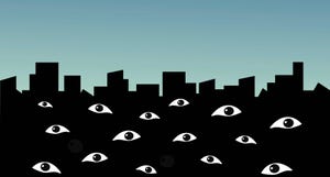 Silhouette of a city with eyes monitoring the viewer.