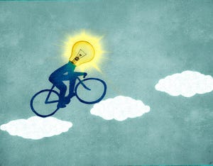 cyclist with clouds digital illustration with lightbulb for head