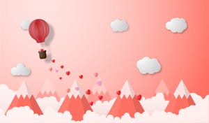 vector illustration paper cut style. Hot air balloon flying over mountains and cloud on pink background