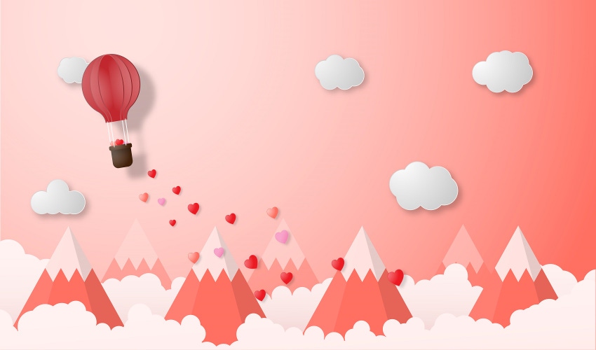 vector illustration paper cut style. Hot air balloon flying over mountains and cloud on pink background
