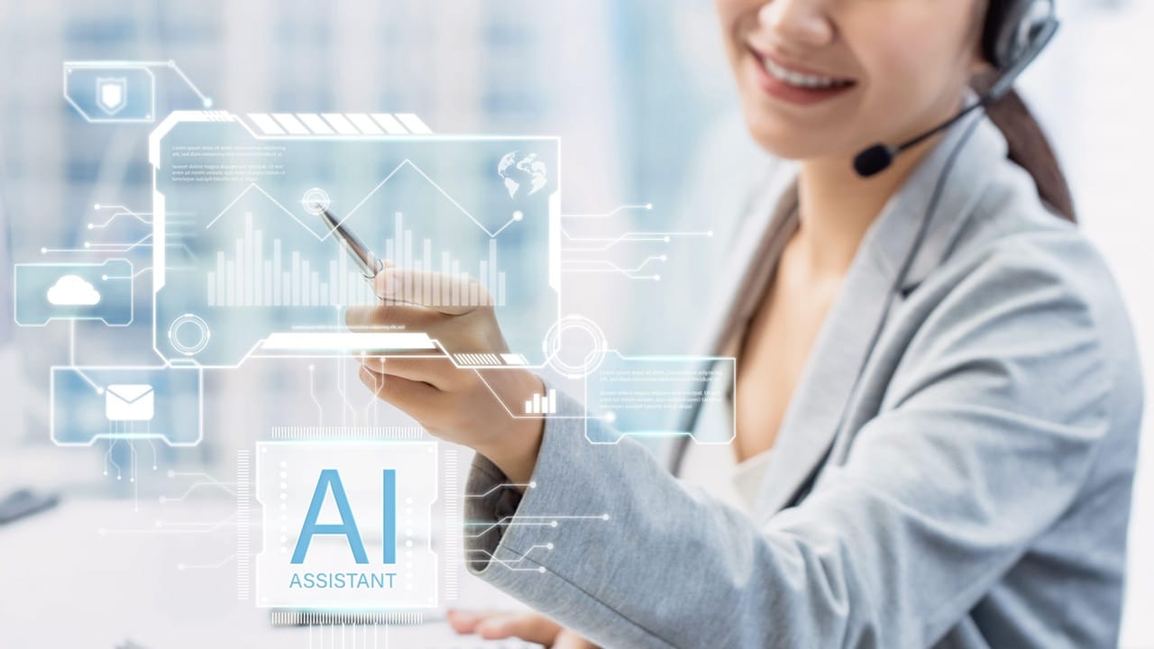 Business woman pointing on futuristic AI assistant virtual screen while working in modern office Business woman pointing on futuristic AI assistant virtual screen while working in modern office