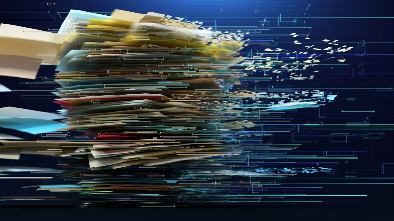 A dynamic composite of stacked papers transforming into digital data streams. A dynamic composite of stacked papers transforming into digital data streams.