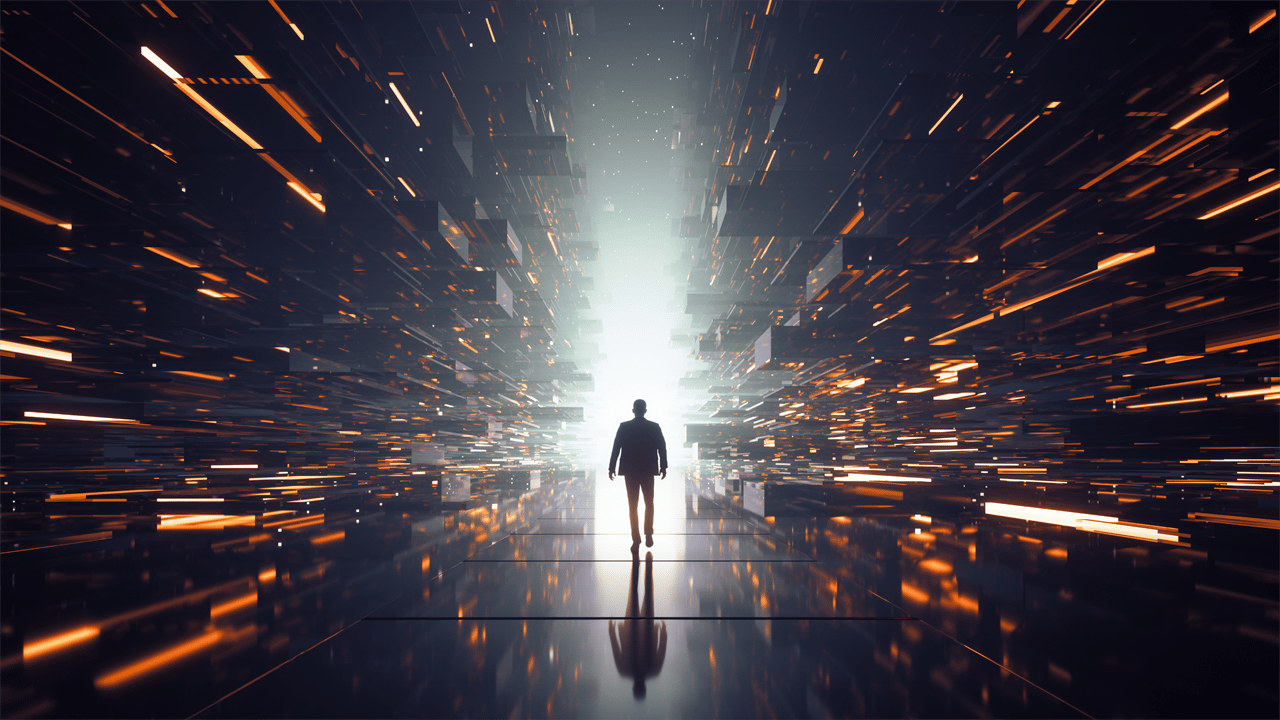 An executive walks down a digital illustration of a hallway with pieces flying into place An executive walks down a digital illustration of a hallway with pieces flying into place