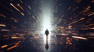 An executive walks down a digital illustration of a hallway with pieces flying into place An executive walks down a digital illustration of a hallway with pieces flying into place