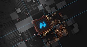 Futuristic microchip processor with lights blue AI background.