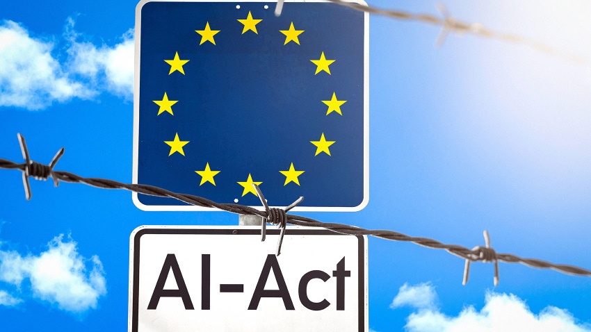 Sign with EU flag behind a barbed wire fence with the inscription AI-Act