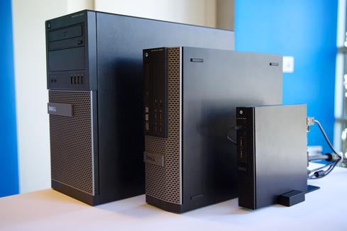 The new Micro form factor (far right) is significantly smaller than other OptiPlex options. 