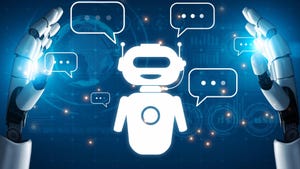 A robot between two robot hands. A robot between two robot hands.