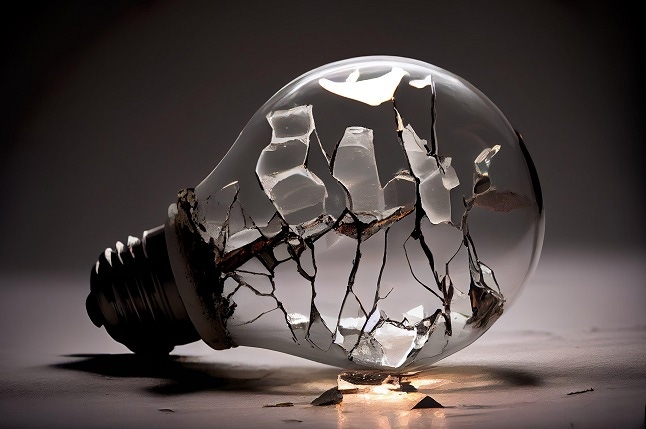 Broken lamp, cracked lightbulb, bad light bulb. Idea failure, fail, useless item. AI generative