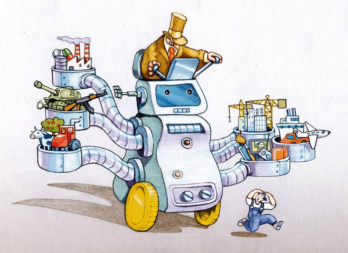 Businessman drives giant robot cartoon