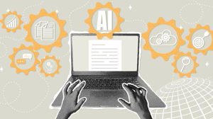 Icons of systems and an AI surround a laptop being used by an IT executive Icons of systems and an AI surround a laptop being used by an IT executive