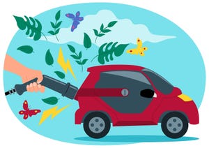 Hand charging an electric car, leaves and butterflies emerge from the cars exhaust, idea of sustainable transportation. Green energy, eco friendly 