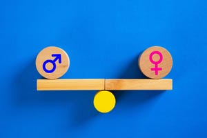 Male And Female Symbol Balancing On Seesaw. Gender Equality Concept
